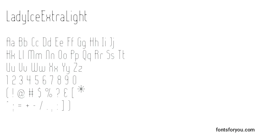 A fonte LadyIceExtraLight – alfabeto, números, caracteres especiais