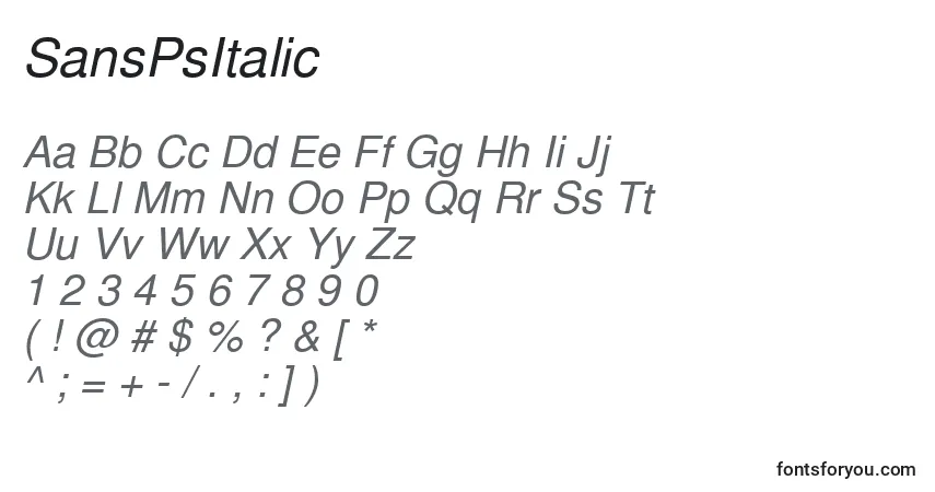 A fonte SansPsItalic – alfabeto, números, caracteres especiais