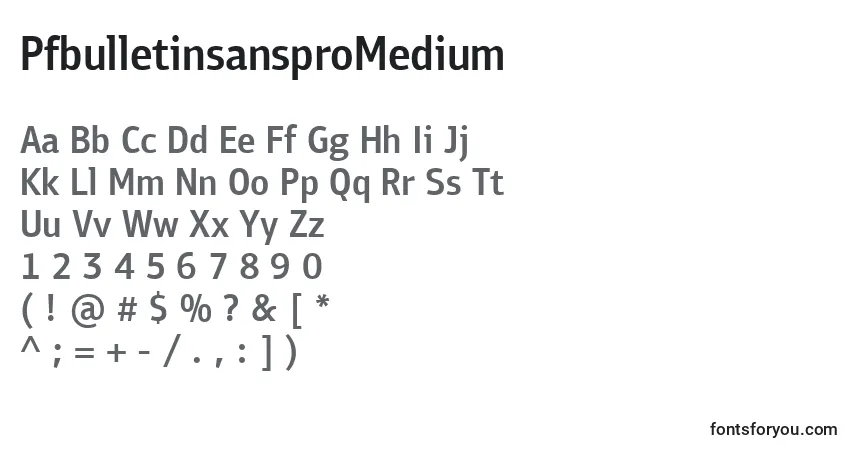Czcionka PfbulletinsansproMedium – alfabet, cyfry, specjalne znaki