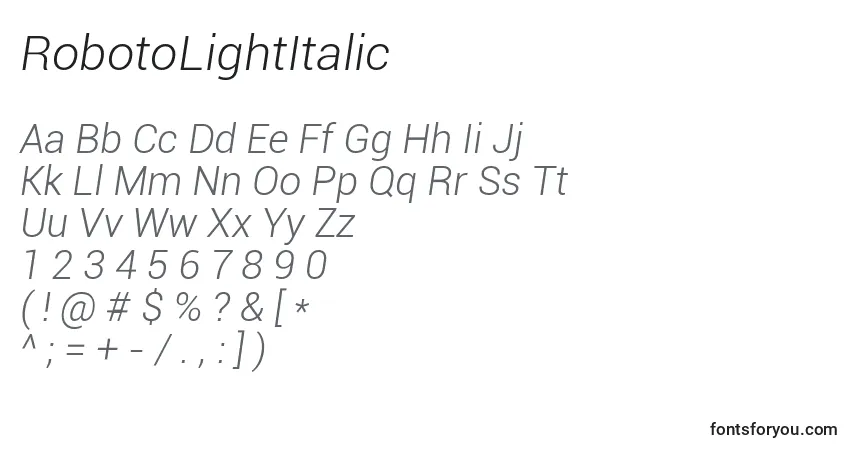 Шрифт RobotoLightItalic – алфавит, цифры, специальные символы