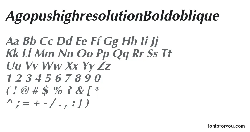 Schriftart AgopushighresolutionBoldoblique – Alphabet, Zahlen, spezielle Symbole