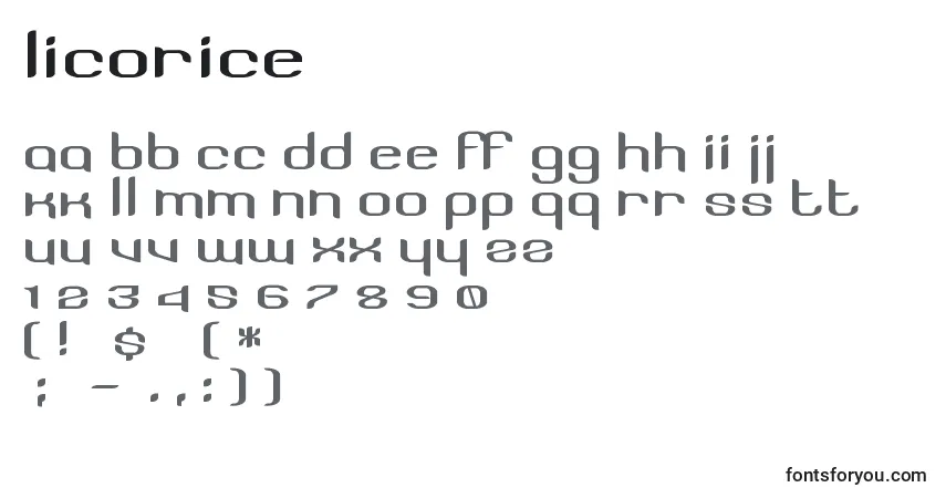 Czcionka Licorice – alfabet, cyfry, specjalne znaki