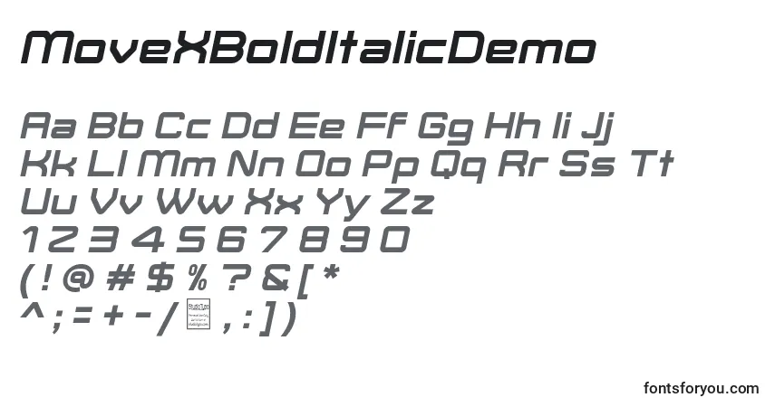 Czcionka MoveXBoldItalicDemo – alfabet, cyfry, specjalne znaki