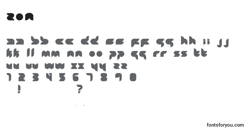 A fonte Zon – alfabeto, números, caracteres especiais