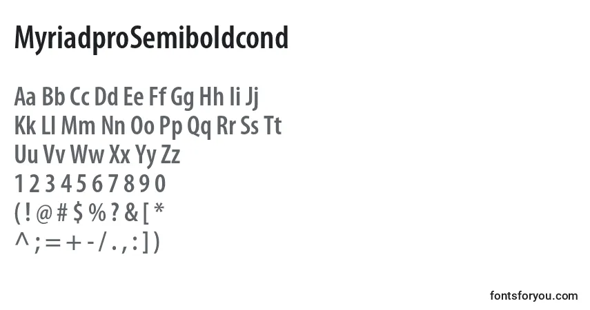 A fonte MyriadproSemiboldcond – alfabeto, números, caracteres especiais
