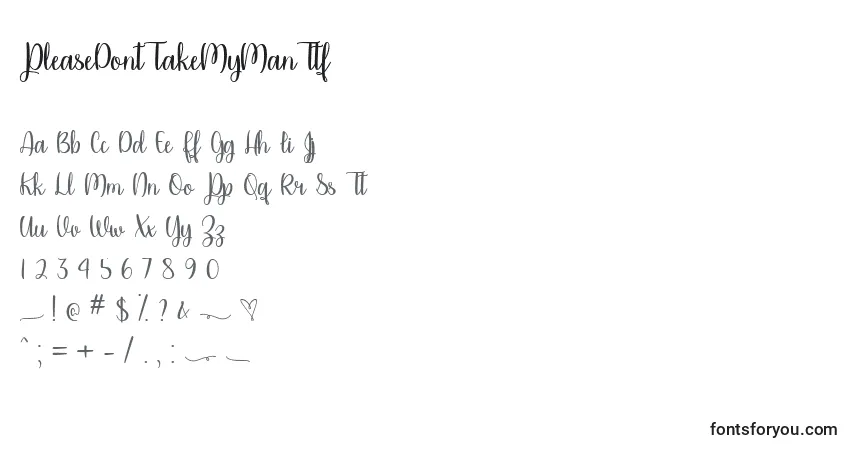 A fonte PleaseDontTakeMyManTtf – alfabeto, números, caracteres especiais