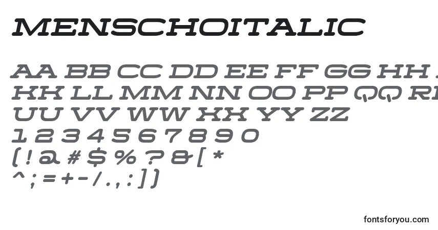 Schriftart MenschoItalic – Alphabet, Zahlen, spezielle Symbole