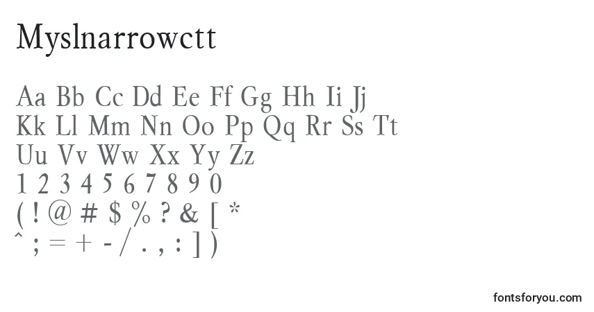 Czcionka Myslnarrowctt – alfabet, cyfry, specjalne znaki