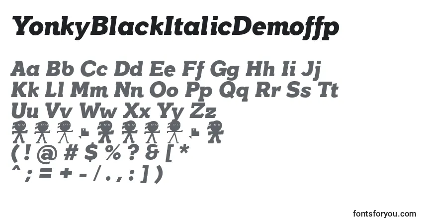Шрифт YonkyBlackItalicDemoffp – алфавит, цифры, специальные символы