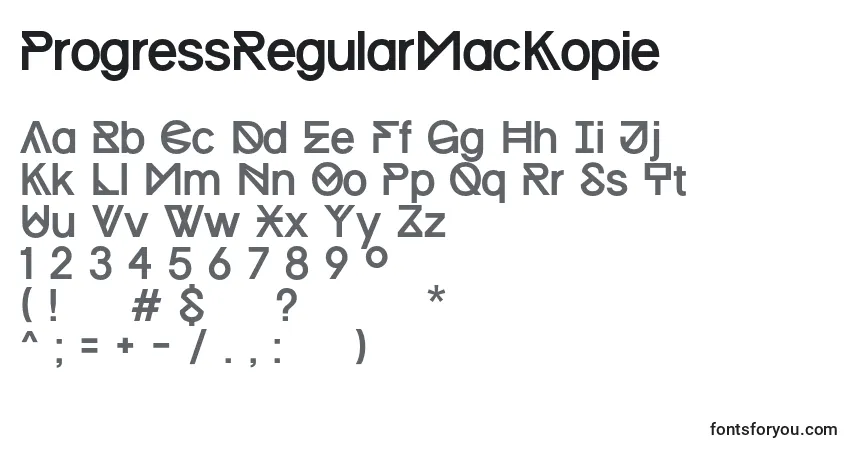 Czcionka ProgressRegularMacKopie – alfabet, cyfry, specjalne znaki