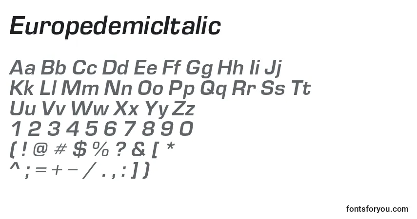 Шрифт EuropedemicItalic – алфавит, цифры, специальные символы