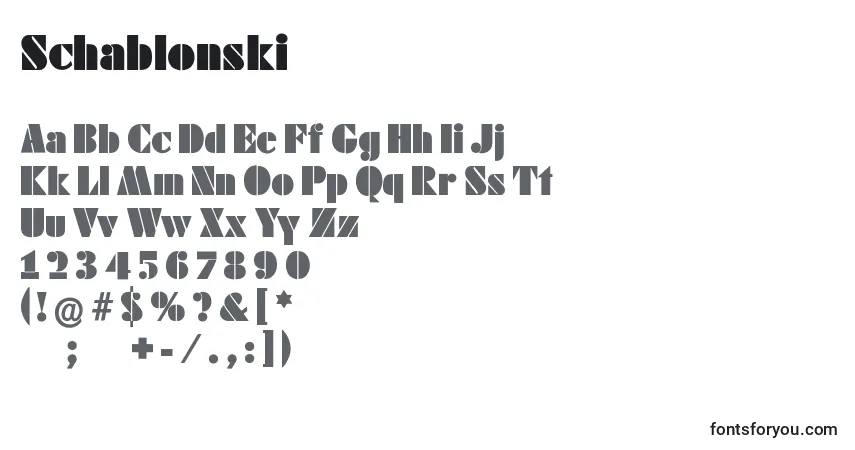 Czcionka Schablonski – alfabet, cyfry, specjalne znaki