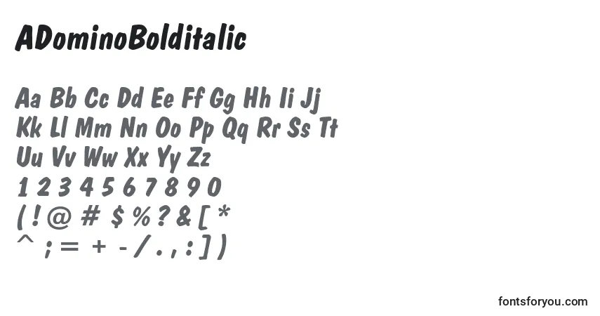 A fonte ADominoBolditalic – alfabeto, números, caracteres especiais