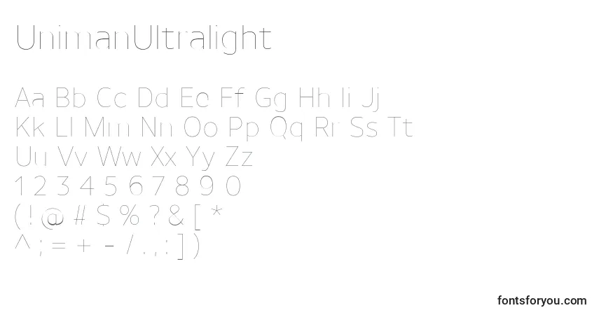 UnimanUltralight Font – alphabet, numbers, special characters