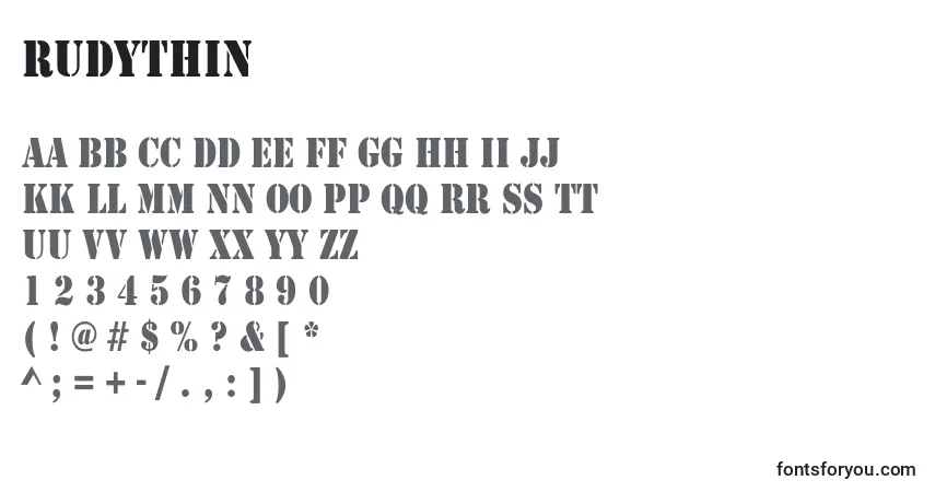 Schriftart RudyThin – Alphabet, Zahlen, spezielle Symbole