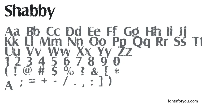 Czcionka Shabby – alfabet, cyfry, specjalne znaki