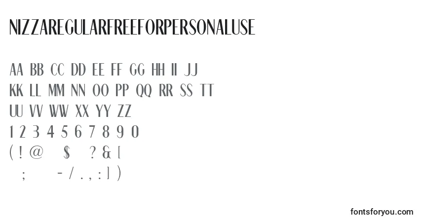 Czcionka NizzaRegularFreeForPersonalUse – alfabet, cyfry, specjalne znaki