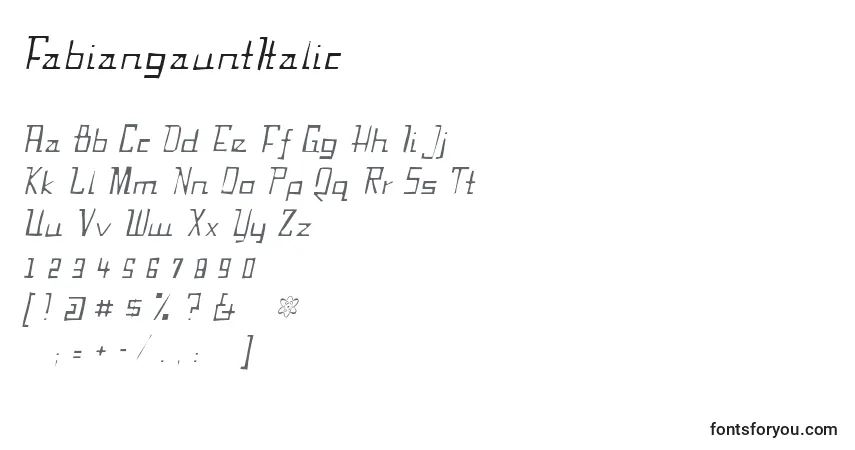 Schriftart FabiangauntItalic – Alphabet, Zahlen, spezielle Symbole