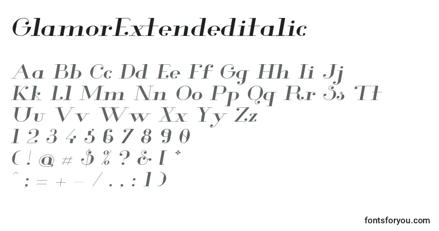 Schriftart GlamorExtendeditalic (88815) – Alphabet, Zahlen, spezielle Symbole