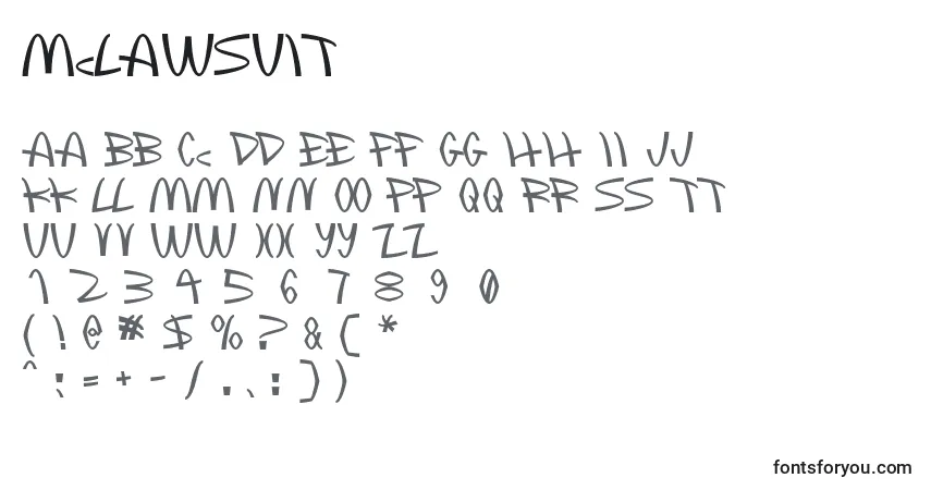 Czcionka Mclawsuit – alfabet, cyfry, specjalne znaki