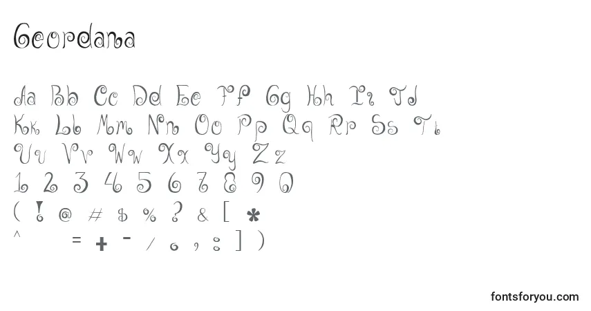 A fonte Geordana – alfabeto, números, caracteres especiais