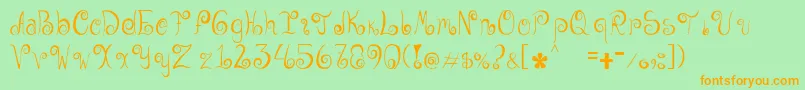 フォントGeordana – オレンジの文字が緑の背景にあります。