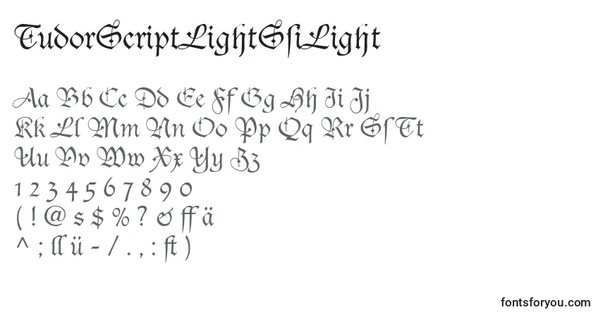 Schriftart TudorScriptLightSsiLight – Alphabet, Zahlen, spezielle Symbole