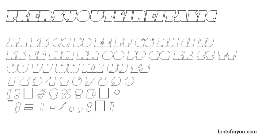 Schriftart FrenzyoutlineItalic – Alphabet, Zahlen, spezielle Symbole