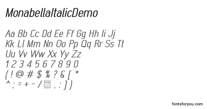 Шрифт MonabellaItalicDemo – алфавит, цифры, специальные символы
