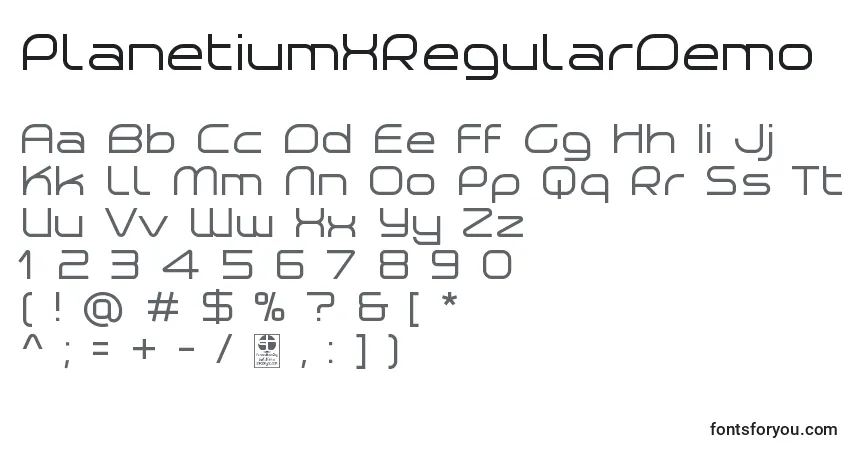 PlanetiumXRegularDemoフォント–アルファベット、数字、特殊文字