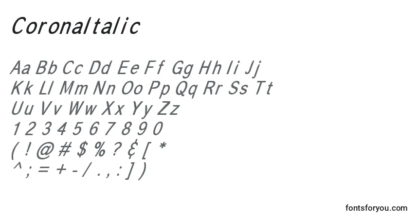 Schriftart CoronaItalic – Alphabet, Zahlen, spezielle Symbole