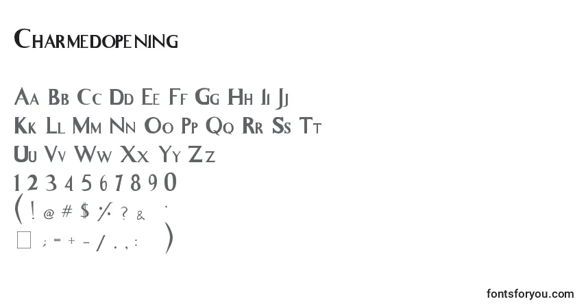 Czcionka Charmedopening – alfabet, cyfry, specjalne znaki