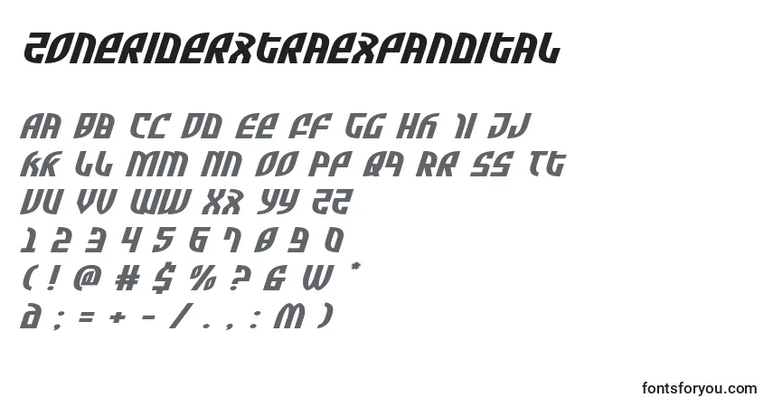 Czcionka Zoneriderxtraexpandital – alfabet, cyfry, specjalne znaki