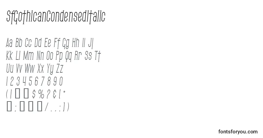 A fonte SfGothicanCondensedItalic – alfabeto, números, caracteres especiais