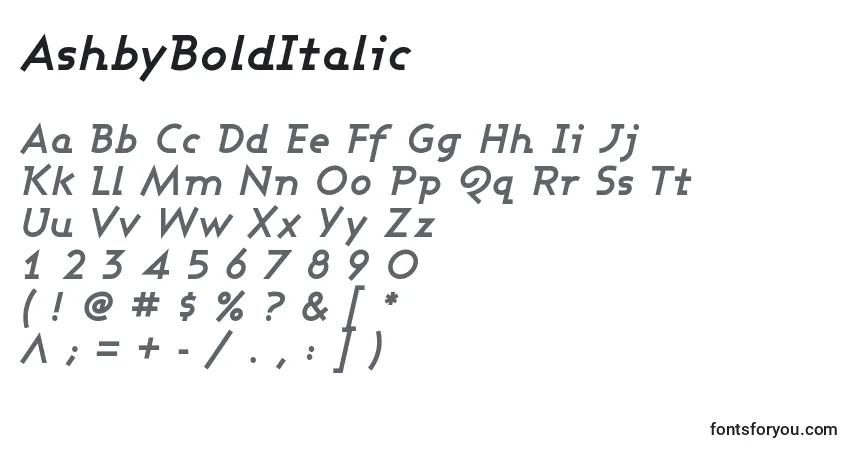 Schriftart AshbyBoldItalic – Alphabet, Zahlen, spezielle Symbole
