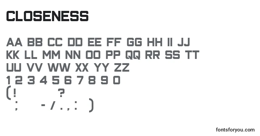 Closeness-fontti – aakkoset, numerot, erikoismerkit
