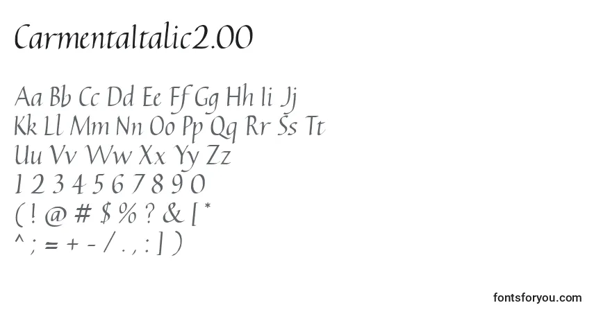 Czcionka CarmentaItalic2.00 – alfabet, cyfry, specjalne znaki