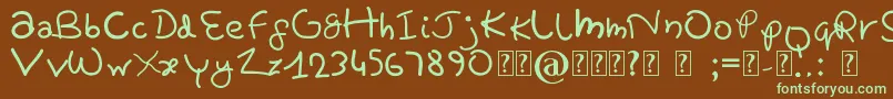 フォントPrettyTomato – 緑色の文字が茶色の背景にあります。