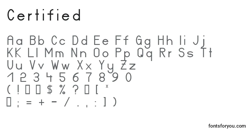 A fonte Certified – alfabeto, números, caracteres especiais