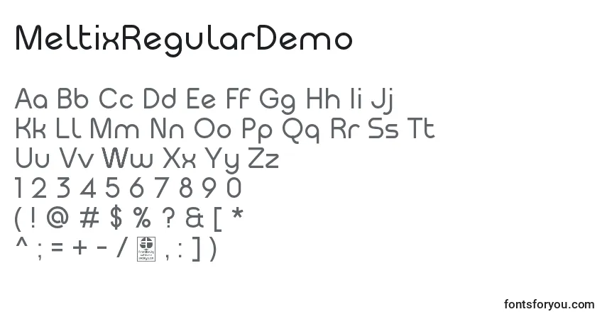 Czcionka MeltixRegularDemo – alfabet, cyfry, specjalne znaki