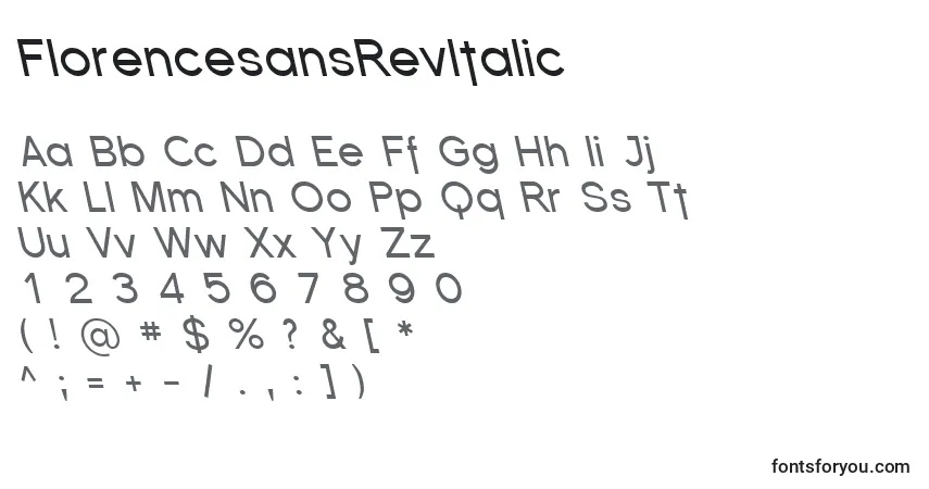Schriftart FlorencesansRevItalic – Alphabet, Zahlen, spezielle Symbole