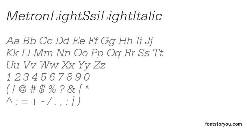 Czcionka MetronLightSsiLightItalic – alfabet, cyfry, specjalne znaki