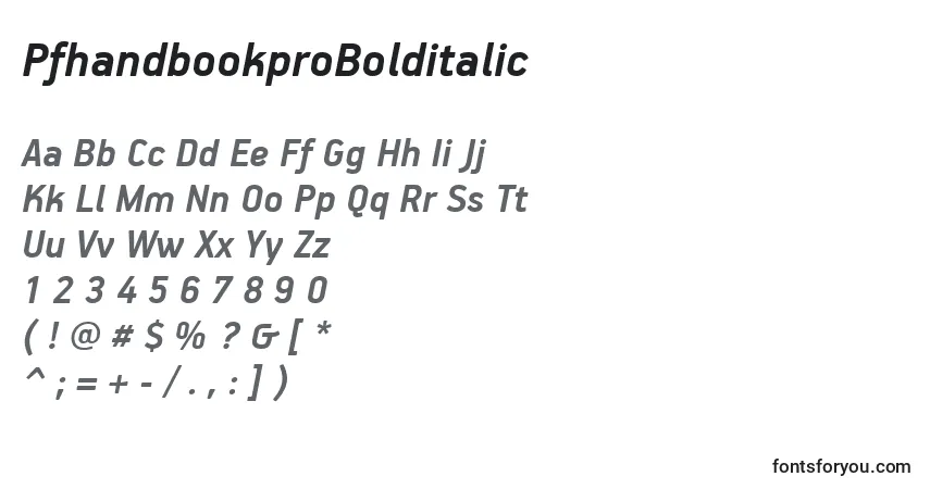 A fonte PfhandbookproBolditalic – alfabeto, números, caracteres especiais