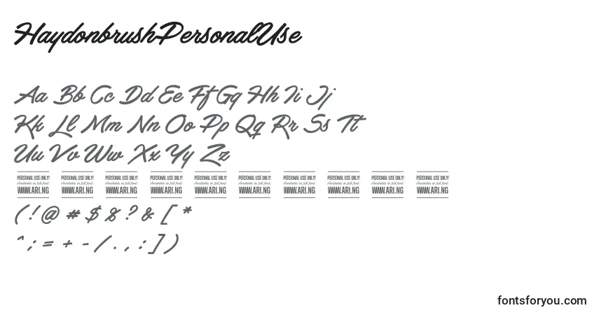 A fonte HaydonbrushPersonalUse – alfabeto, números, caracteres especiais