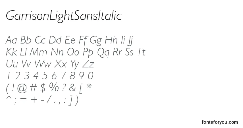 Шрифт GarrisonLightSansItalic – алфавит, цифры, специальные символы