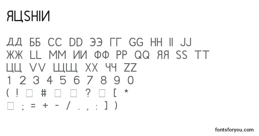 Czcionka Rushin – alfabet, cyfry, specjalne znaki