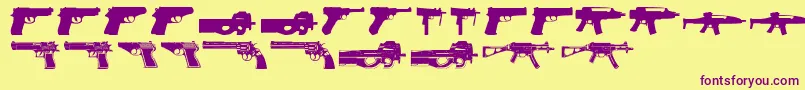 Guns2-Schriftart – Violette Schriften auf gelbem Hintergrund