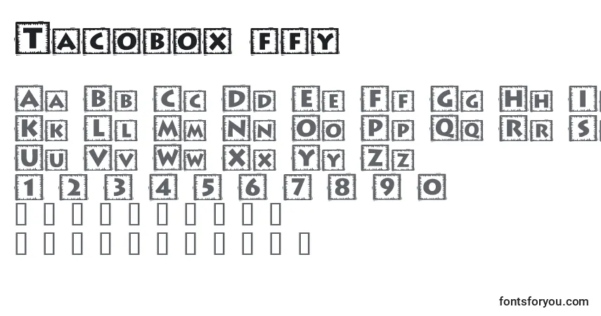 Czcionka Tacobox ffy – alfabet, cyfry, specjalne znaki