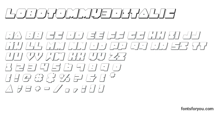 Czcionka LoboTommy3DItalic – alfabet, cyfry, specjalne znaki