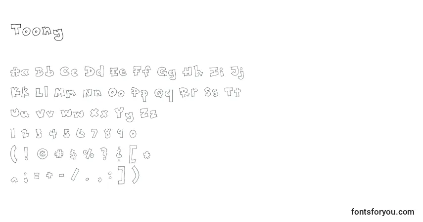 Czcionka Toony – alfabet, cyfry, specjalne znaki